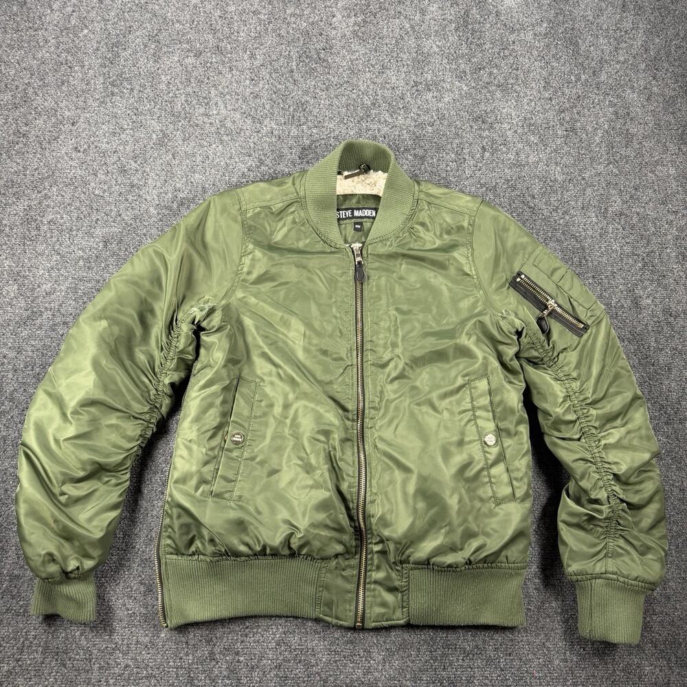STEVE MADDEN parachute Bomber Satin jacket side zip Size Medium bear fleece